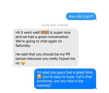 A Broom List client sharing a relationship milestone