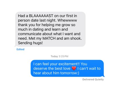 A Broom List client sharing a relationship milestone