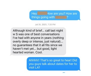 Client message celebrating a successful Broom List match