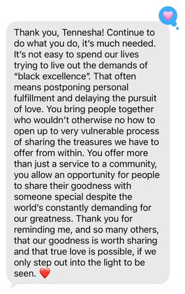 A heartfelt client message thanking Tennesha for her impact on the community