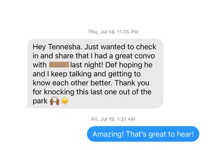 A delighted Broom List client sharing a happy update
